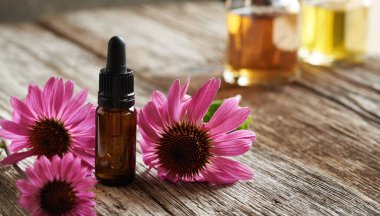 Kahverengi bir aromaterapi şişesi esaslı yağ ya da taze ekinezi çiçekli tentür, kopyalanmış uzay