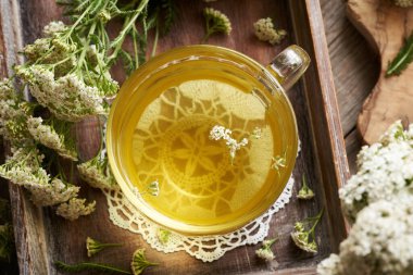 Yarrow ya da Achillea Millefolium çayı bir masanın üzerinde cam bir fincanda, üst görünümde.