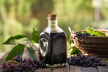 Yazın yapılan bir şişe ev yapımı mürver meyvesi şurubu.