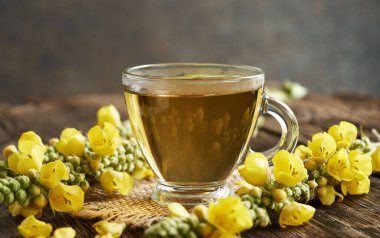 Şeffaf cam bir bardak bitki çayı ile taze mullein veya Verbascum yoğunluklu çiçek.