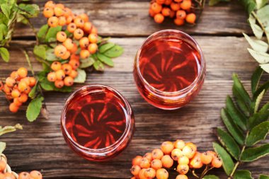 Two glasses of herbal syrup with fresh wild orange rowanberry, top view clipart