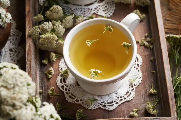 stock image Yarrow tea in a white ceramic cup on a table