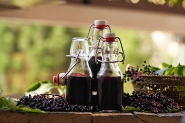 Üç cam şişede ev yapımı siyah yaşlı şurubu. Yazın bahçede taze elderberry ile birlikte.