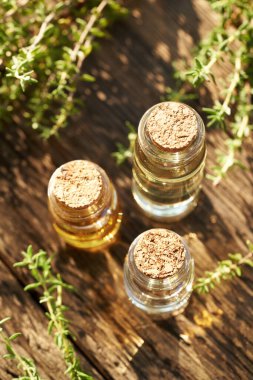 Tahta bir masanın üzerinde taze kekik yaprakları olan üç şişe aromaterapi esaslı yağ.