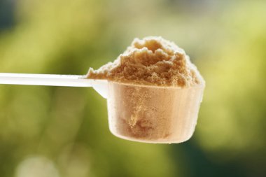 Yeşil Bokeh 'e karşı bir ölçü kabında beyaz protein tozu