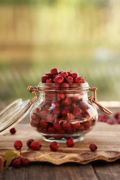 Stock image Fresh hawthorn berries harvested in autumn on a table outdoors, with copy space