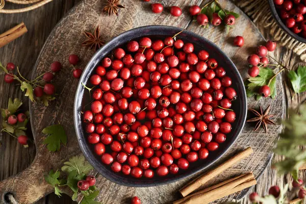 stock image Preparation of medicinal wine from fresh hawthorn berries harvested in autumn, cinnamon and star anise