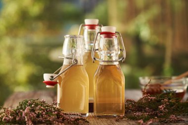 Üç şişe bitkisel şurup ve sonbaharda ormanda toplanan taze yabani funda çiçekleri.