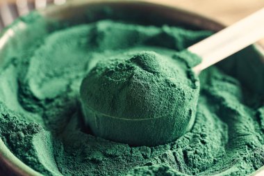 Plastik ölçü kabında yeşil spirulina yosun tozu - besin takviyesi
