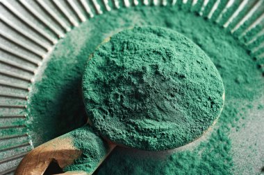 Tahta kaşıkta yeşil spirulina yosun tozu - sağlıklı besin takviyesi