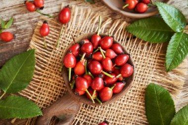 Tahta bir kaşıkta taze gül kalçaları, üst manzara.