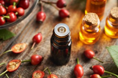 Masada taze gül kalçası olan koyu bir şişe gül tohumu yağı.