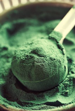 Plastik kepçedeki yeşil spirulina tozu - besin takviyesi