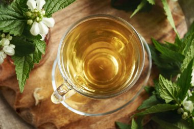 Şeffaf cam bir fincanda taze beyaz ısırgan otu çiçekleri ve yapraklarıyla bitki çayı.