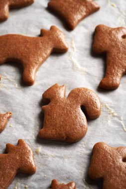 Ev yapımı zencefilli Noel kurabiyeleri pişirme tepsisinde yumurta ile fırçalanmış