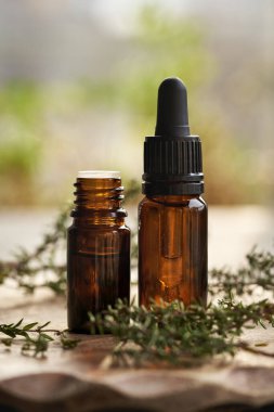 Masada taze kekik bitkisi bulunan iki kahverengi aromaterapi şişesi.
