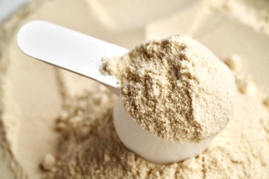 Bir ölçü kepçesinde beyaz protein tozu, yakın plan