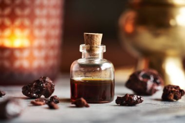 Croton lechleri, veya bir masanın üzerindeki sangre de drago yağı ve reçine