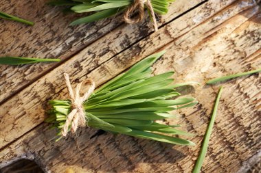 Bir tomar taze yeşil arpa tohumu ahşap bir masanın üzerinde, üst manzara