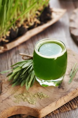 Taze yeşil arpa suyu ve ahşap bir masada bıçaklar. Sağlıklı doğal besin desteği.