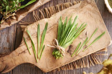 Taze yeşil arpa çimleri ahşap bir masada, üst manzara