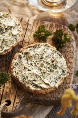 Isırgan otu yağı. Bir dilim ekmeğin üzerine yabani, yenilebilir bitkilerden yapılmış ev yapımı.