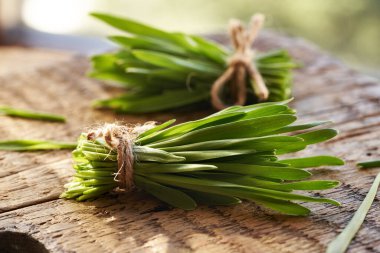 Taze yeşil arpa yaprakları masanın üzerinde iki demet halinde.