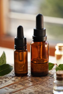 İki şişe aromaterapi gerekli yağ ve pencerenin yanında taze defne yaprağı.