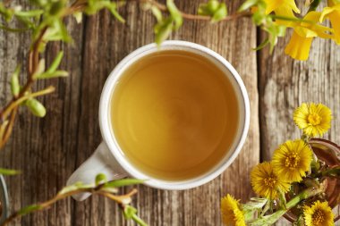 Bir fincan seramik bitki çayı, taze kokarca çiçekleri, üst manzara.