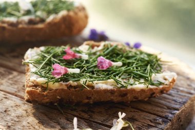 Karga sarımsaklı ya da soğan otlu bir dilim ekmek. Baharın başında toplanan yabani yenilebilir bitki. Akciğer otu çiçekleri.