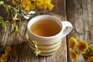 Bahar aylarında taze koza çiçekleri olan seramik bir bardak çay.