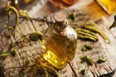 Ağaç dalları, taze yapraklar ve ahşap bir masa üzerinde kedi derileri olan bir şişe bitkisel tentür.