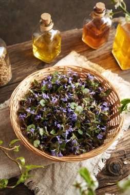 Bahar mevsiminde toplanan sarmaşık çiçekleri ve yapraklarla dolu bir sepet.