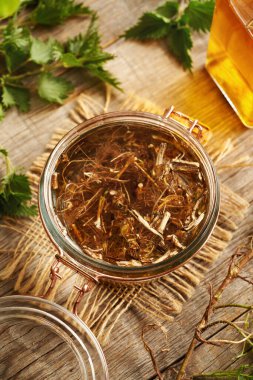 Ev yapımı bitkisel tentürü hazırlamak için alkollü ısırgan otu kökü.