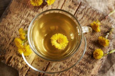 Bir fincan bitkisel çayın içindeki kokarca çiçeği.