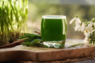 Taze yeşil arpa çim suyu ve baharda yetiştirilmiş bıçaklar.