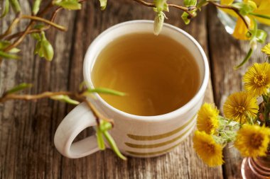 Bir fincan tay ayağı çayı ve masada taze tay çiçeği.