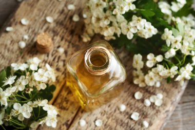 Bahar mevsiminde taze dikenli çiçekli bir şişe bitkisel tentür.