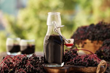 Bir şişe siyah yaşlı şurubu ve açık bir masada taze elderberry.