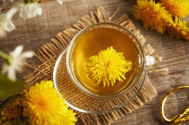 İlkbaharda toplanan karahindiba çiçeği bir fincan bitkisel çay, üst manzara