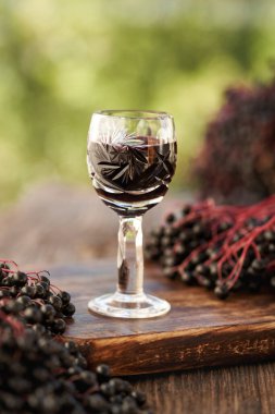 Bir bardak siyah yaşlı şurubu. Bahçede taze elderberry var.