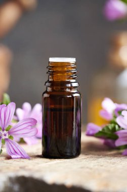 Çiçek açan Malva Sylvestris dallarıyla birlikte koyu renkli bir mallow yağı şişesi.