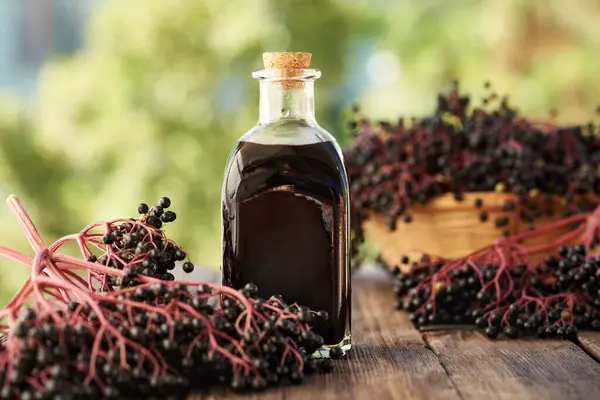 Yazın bahçede taze elder üzümlü bir şişe siyah yaşlı şurubu.