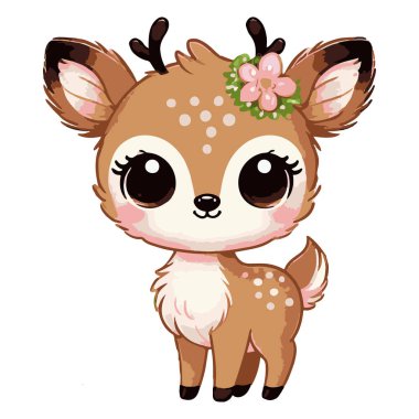 Sevimli ve kaprisli bir tasarımı olan büyüleyici bir geyik vektör çizimi. Geyik yumuşak, yuvarlak hatlarıyla, büyük anlamlı gözleriyle ve narin boynuzlarıyla tasvir edilir. Sevimli doğasını vurgulamak için basit bir arkaplana dayanır..