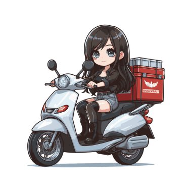 Kırmızı scooterlı neşeli bir teslimatçı kızın canlı bir tasviri, şirin bir anime tarzı tasarlanmış. Yemek dağıtım uygulamalarını, kurye servislerini ya da modern lojistik markalarını temsil etmek için mükemmel. Kırmızı şapkalı ve üniformalı karakter.