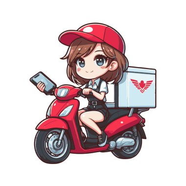 Kırmızı scooterlı neşeli bir teslimatçı kızın canlı bir tasviri, şirin bir anime tarzı tasarlanmış. Yemek dağıtım uygulamalarını, kurye servislerini ya da modern lojistik markalarını temsil etmek için mükemmel. Kırmızı şapkalı ve üniformalı karakter.