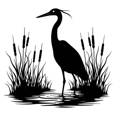  Sergilenen zarif balıkçıl sakin bir göl kenarında duruyor, parlak bir siluet tarzıyla tasvir edilmiş. Vektör çizimleri, doğanın dingin güzelliğini su üzerindeki ince yansımaları ve barışçıl bir ambiyansı yansıtıyor. Tasarım projeleri için mükemmel,