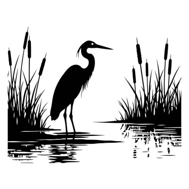  Sergilenen zarif balıkçıl sakin bir göl kenarında duruyor, parlak bir siluet tarzıyla tasvir edilmiş. Vektör çizimleri, doğanın dingin güzelliğini su üzerindeki ince yansımaları ve barışçıl bir ambiyansı yansıtıyor. Tasarım projeleri için mükemmel,