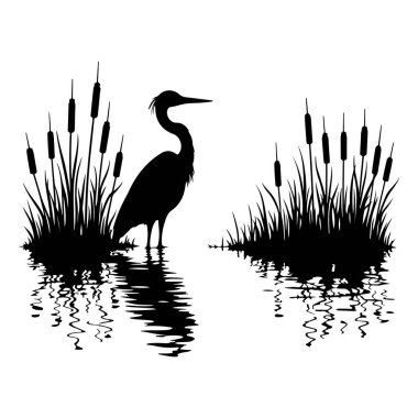  Sergilenen zarif balıkçıl sakin bir göl kenarında duruyor, parlak bir siluet tarzıyla tasvir edilmiş. Vektör çizimleri, doğanın dingin güzelliğini su üzerindeki ince yansımaları ve barışçıl bir ambiyansı yansıtıyor. Tasarım projeleri için mükemmel,