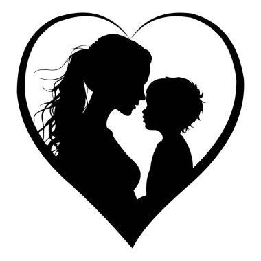 Bu vektör illüstrasyonunda bir anne ve çocuğun dokunaklı bir silueti, koşulsuz sevgiyi ve ebeveyn ile çocuk arasındaki derin bağı sembolize eder. Zarif, minimalist tasarım onu kullanılmak için mükemmel kılıyor. 